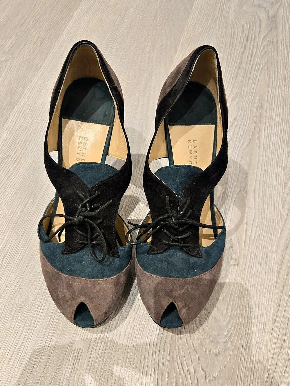Barneys New York Peep Toe Lace-Up Heels in Brown & Black